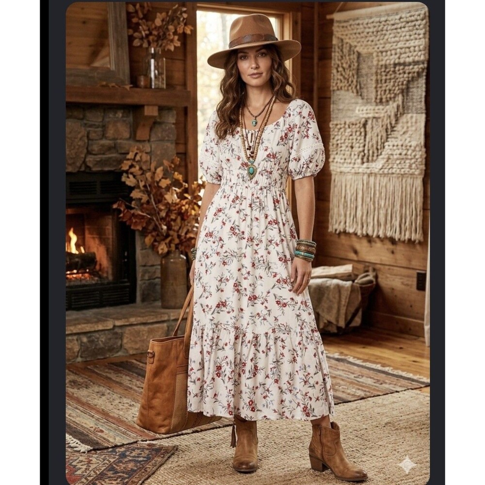 Kindred Floral Maxi Smocked Tiered Dress L Boho Cottagecore Puff Sleeve Peasant